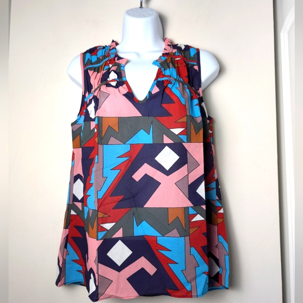 Crosby Mollie Burch blouse abstract twiggy multi color Ashley tank sz s office